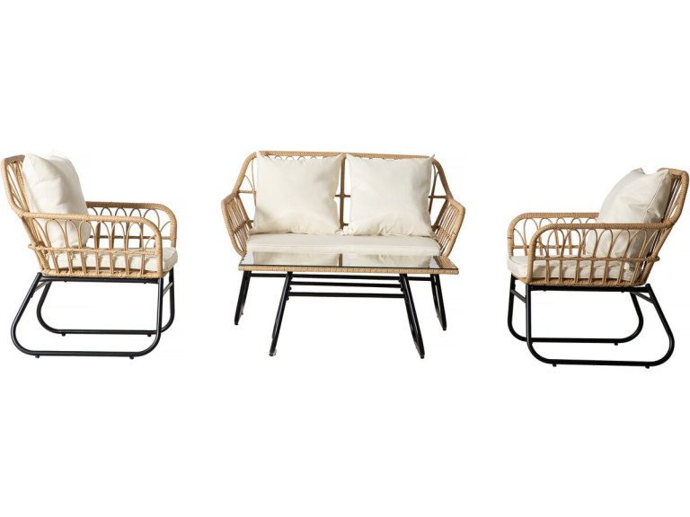 Set di mobili da giardino in rattan "Melo" - 4 posti - Nero/Bambù