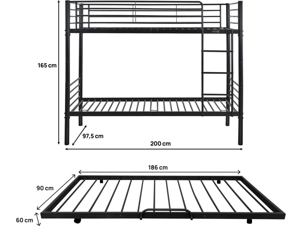 Letto a castello "ADAM" con cassetto estraibile - 90 x 190 cm - Metallo - Nero