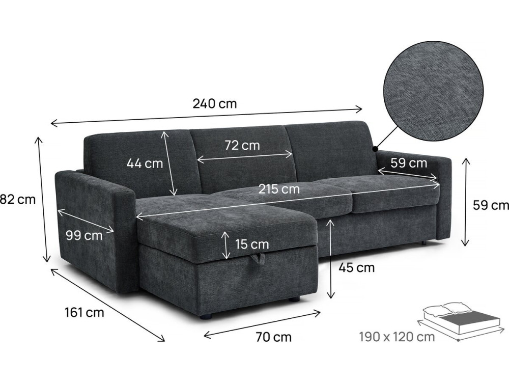 Divano angolare reversibile ed express trasformabile in tessuto "Celia" - 3 posti - Grigio