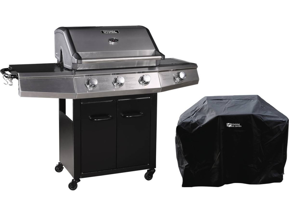 Barbecue a Gas con LED "Bingo 4" - 4 piastre di cui 1 laterale  - 14kW + Fodera di protezione- Nero