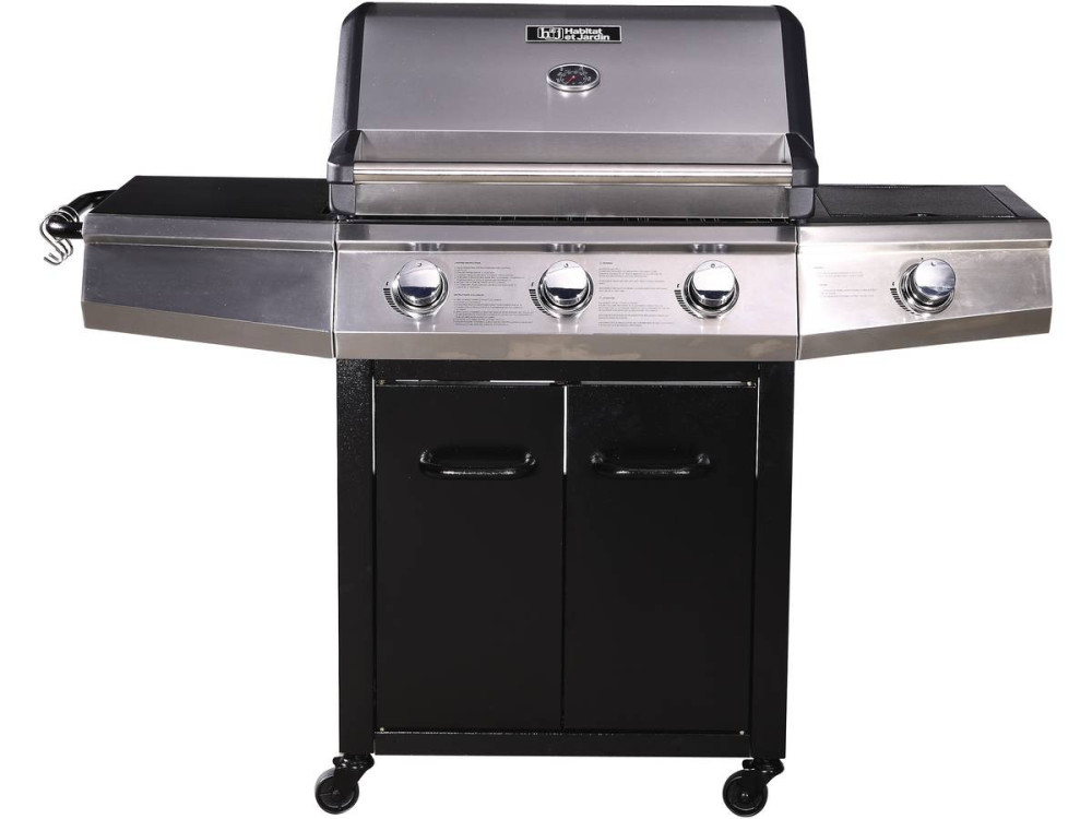 Barbecue a Gas con LED "Bingo 4" - 4 piastre di cui 1 laterale  - 14kW + Fodera di protezione- Nero