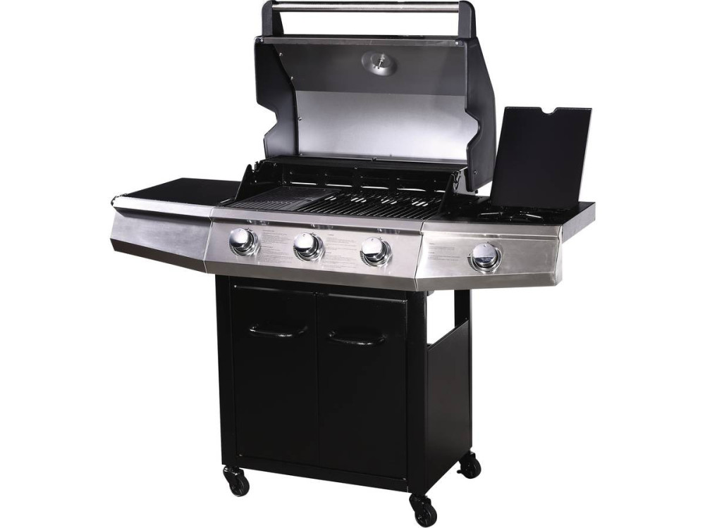 Barbecue a Gas con LED "Bingo 4" - 4 piastre di cui 1 laterale  - 14kW + Fodera di protezione- Nero