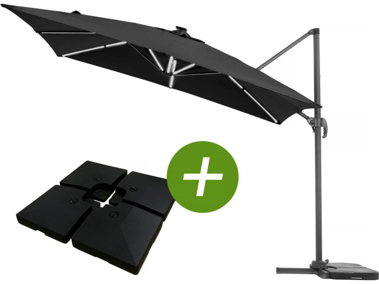 Ombrellone da giardino decentrato LED Ali “Sun 4 Luxe” 3 x 4 m - Nero + Base zavorrante  inclusa