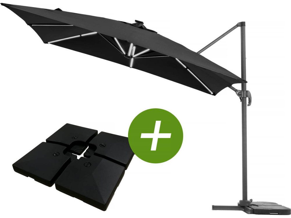 Ombrellone da giardino decentrato LED Ali “Sun 4 Luxe” 3 x 4 m - Nero + Base zavorrante  inclusa