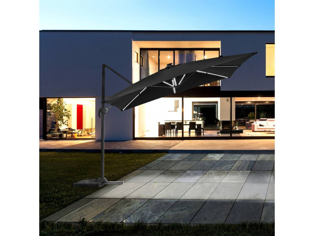 Ombrellone da giardino decentrato LED Ali “Sun 4 Luxe” 3 x 4 m - Nero + Base zavorrante  inclusa