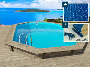 Piscina in legno "Miami" - 4,86 x 3,36 x 1,20 m + copertura a bolle d'aria da 180 µ + copertura invernale da 280 gr/m².