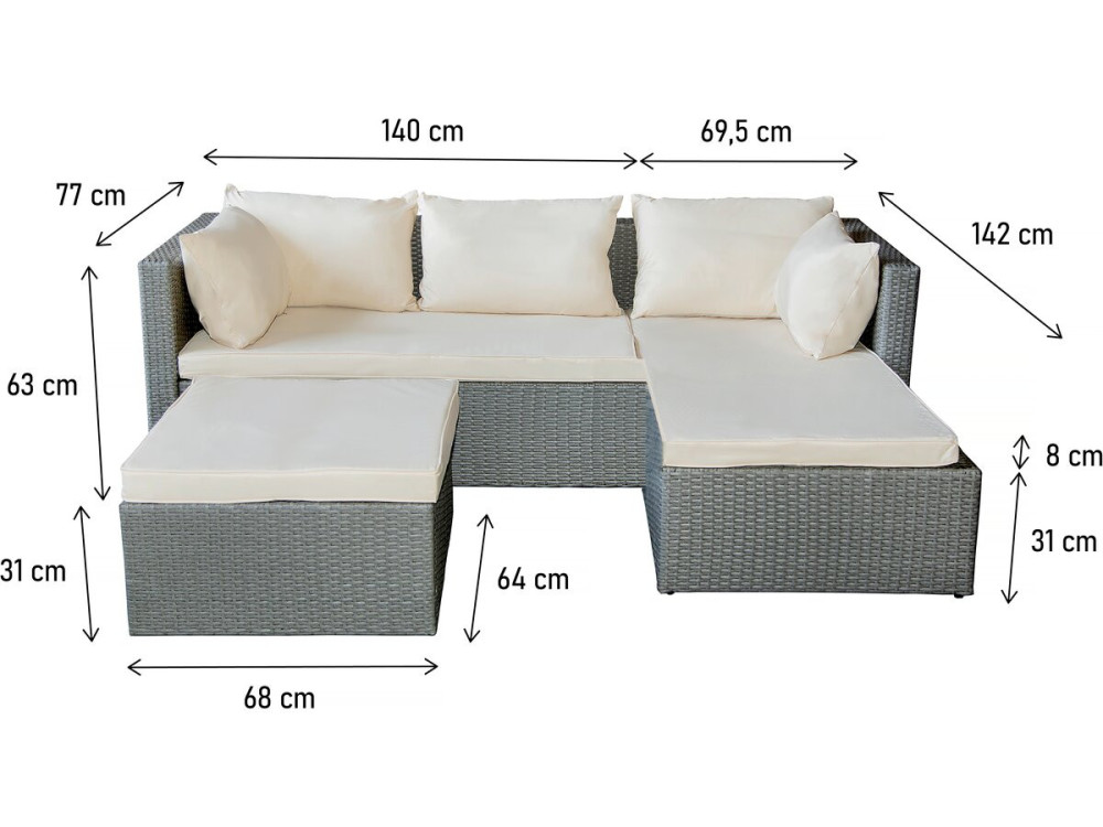 Mobile da giardino basso in resina intrecciata "Diya" 3 posti - Grigio chiaro