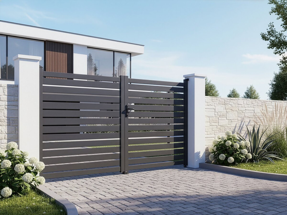 Cancello in alluminio semi-traforato "Julien" - 340 x 140 cm - Grigio