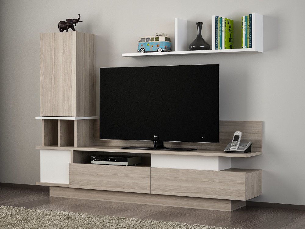 Mobile TV in legno "Como" con mensola a muro - 149 x 31 x 117 cm - Grigio chiaro