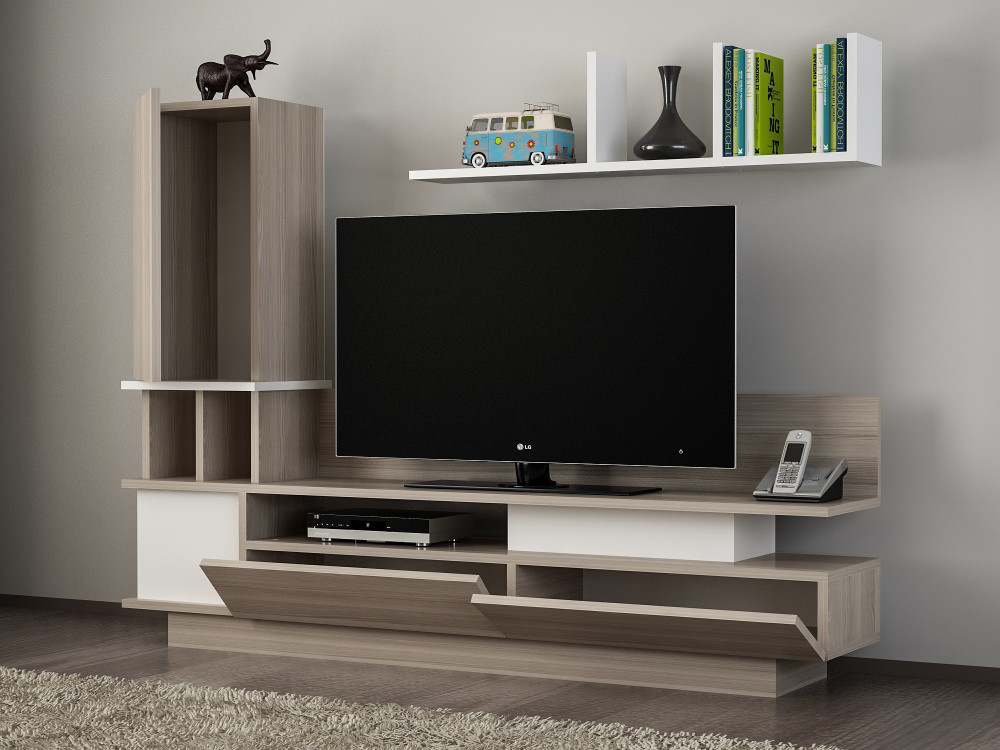 Mobile TV in legno "Como" con mensola a muro - 149 x 31 x 117 cm - Grigio chiaro