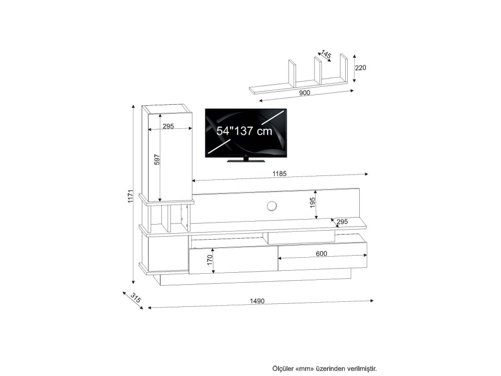 Mobile TV in legno "Como" con mensola a muro - 149 x 31 x 117 cm - Grigio chiaro