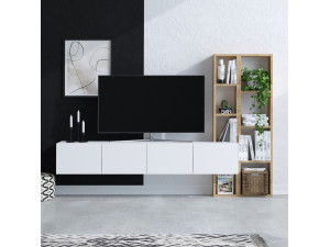 Porta TV in legno "Pana" - 182 x 32 x 25 cm - Bianco, Rovere 2
