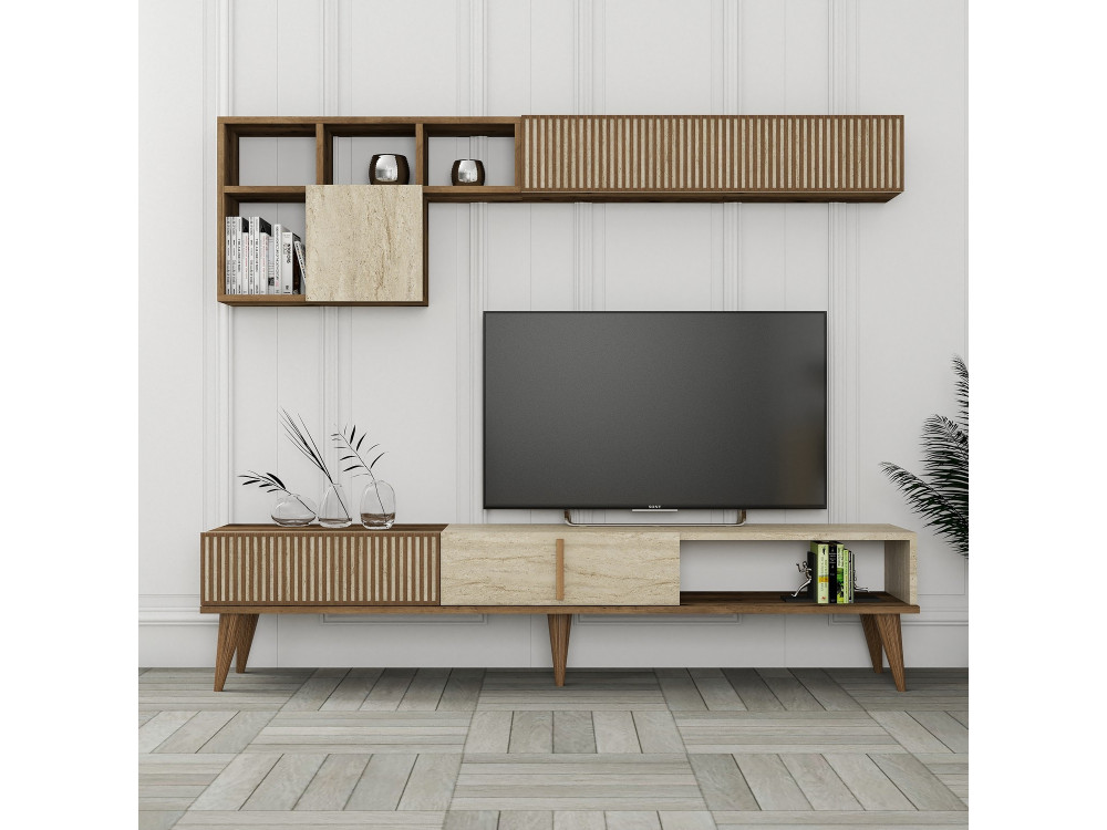Porta TV in legno "Milan" - 180 x 35 x 40 cm - Noce, Travertino