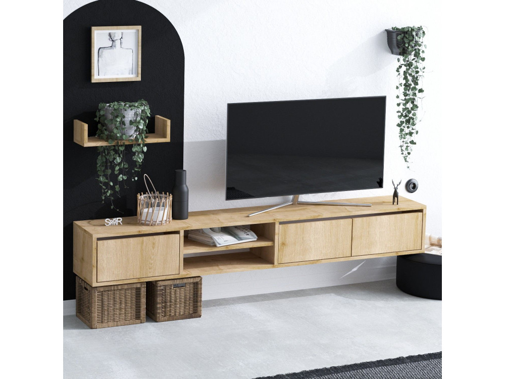 Mobile TV sospeso "Heka" con ripiano in legno - 180 x 30 x 25 cm - Beige