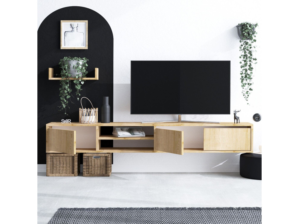 Mobile TV sospeso "Heka" con ripiano in legno - 180 x 30 x 25 cm - Beige