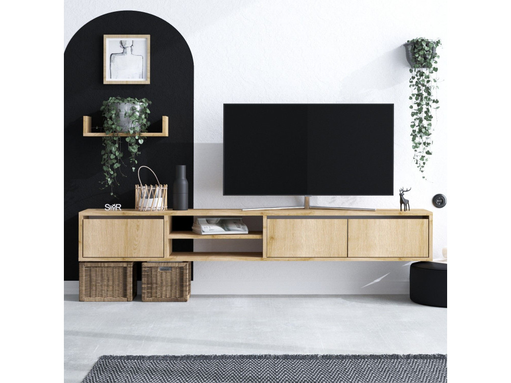 Mobile TV sospeso "Heka" con ripiano in legno - 180 x 30 x 25 cm - Beige