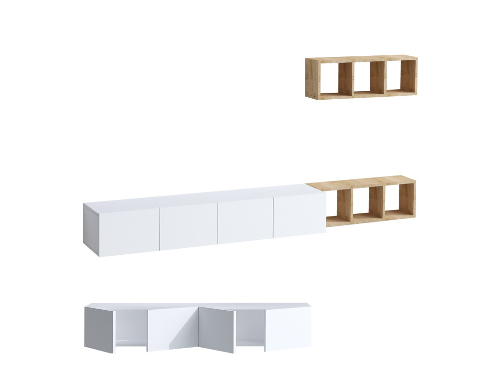 Mobile TV sospeso "Pia" con ripiano in legno - 215 x 32 x 25 cm - Bianco
