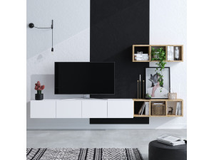 Mobile TV sospeso "Pia" con ripiano in legno - 215 x 32 x 25 cm - Bianco 2