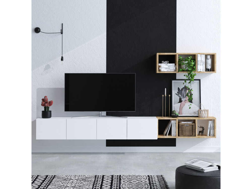 Mobile TV sospeso "Pia" con ripiano in legno - 215 x 32 x 25 cm - Bianco