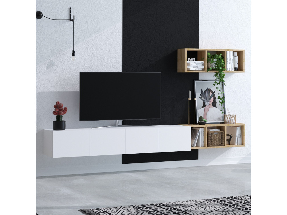 Mobile TV sospeso "Pia" con ripiano in legno - 215 x 32 x 25 cm - Bianco