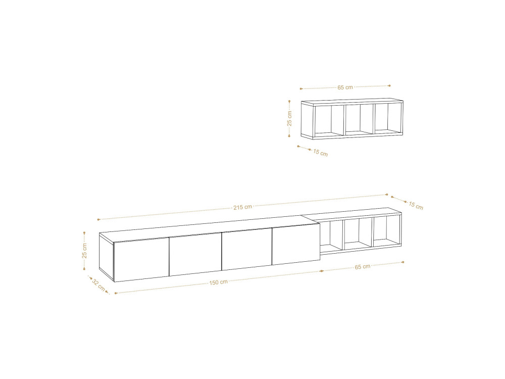 Mobile TV sospeso "Pia" con ripiano in legno - 215 x 32 x 25 cm - Bianco