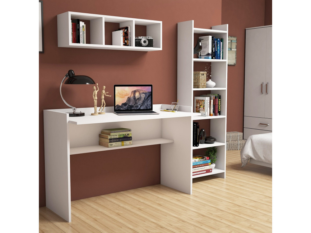 Scrivania in legno "Hera" con libreria e mensola a muro - 118 x 58 x 80 cm - Bianco