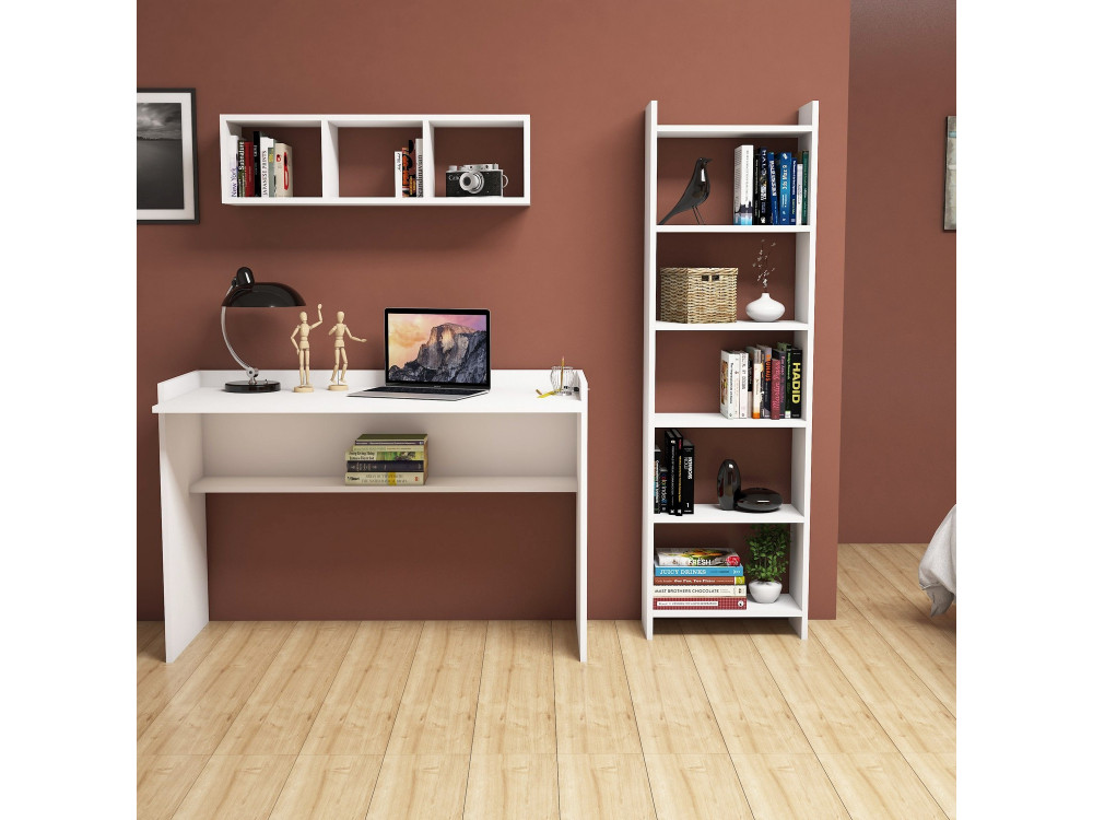 Scrivania in legno "Hera" con libreria e mensola a muro - 118 x 58 x 80 cm - Bianco