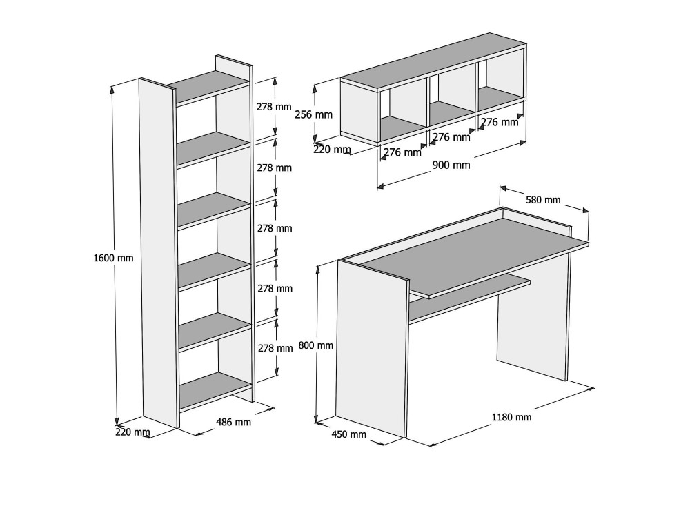 Scrivania in legno "Hera" con libreria e mensola a muro - 118 x 58 x 80 cm - Bianco