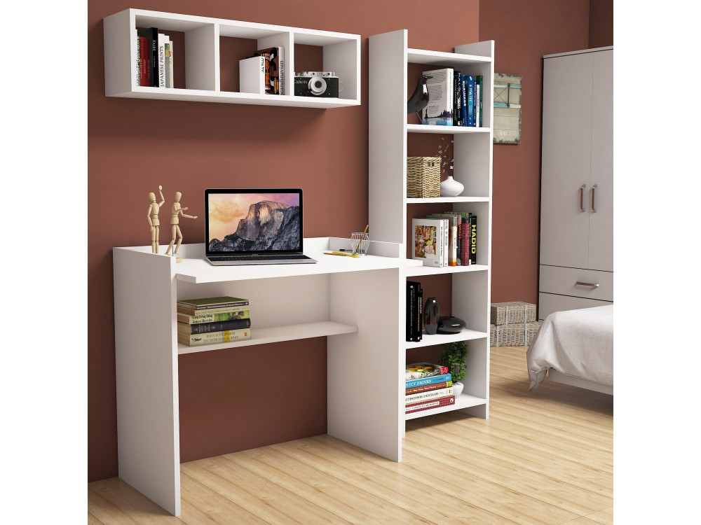 Scrivania in legno "Matilda" con libreria e mensola a muro - 90 x 58 x 80 cm - Bianco