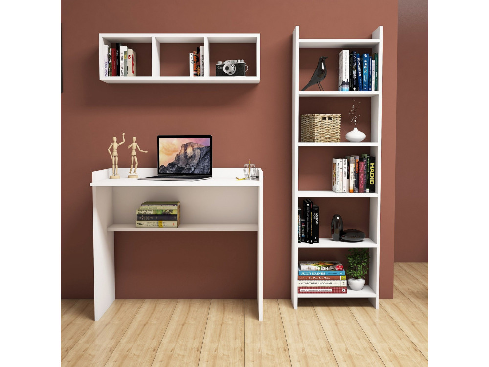 Scrivania in legno "Matilda" con libreria e mensola a muro - 90 x 58 x 80 cm - Bianco