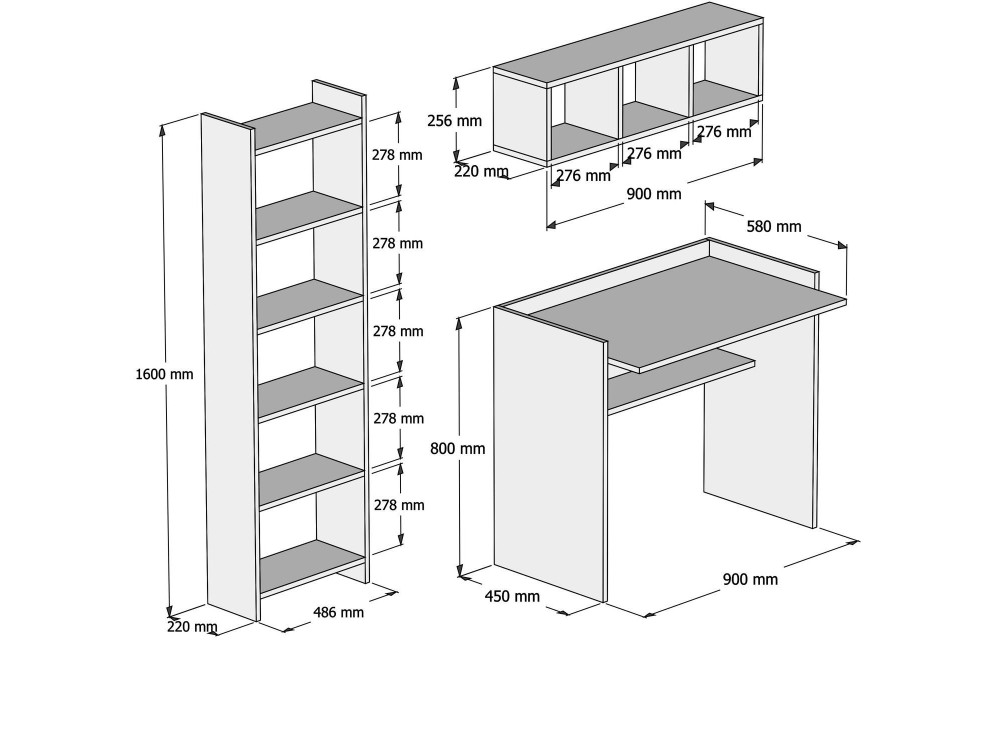 Scrivania in legno "Matilda" con libreria e mensola a muro - 90 x 58 x 80 cm - Bianco
