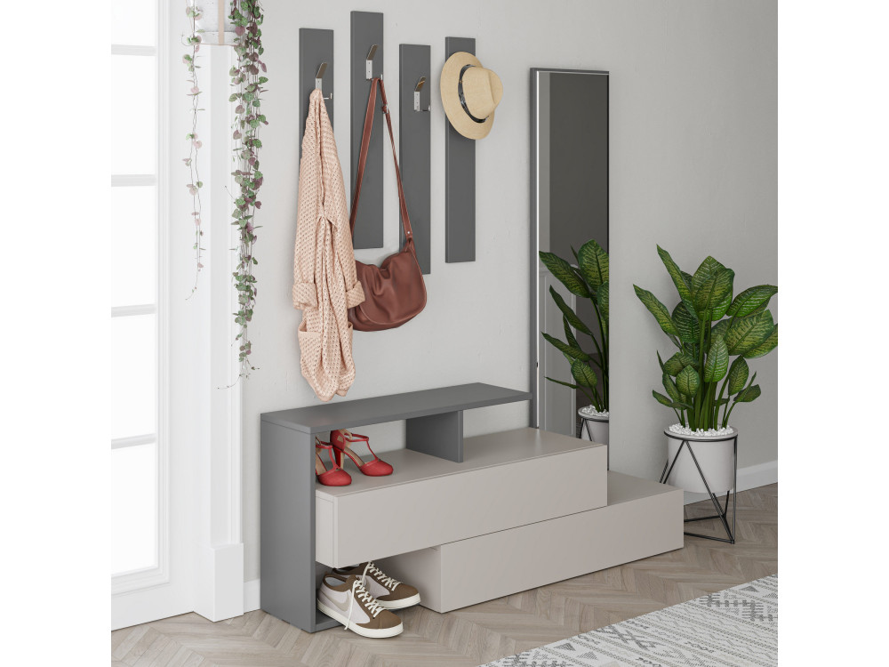 Mobile da ingresso "Ramda" con specchio in legno - 137 x 35 x 154 cm - Grigio antracite