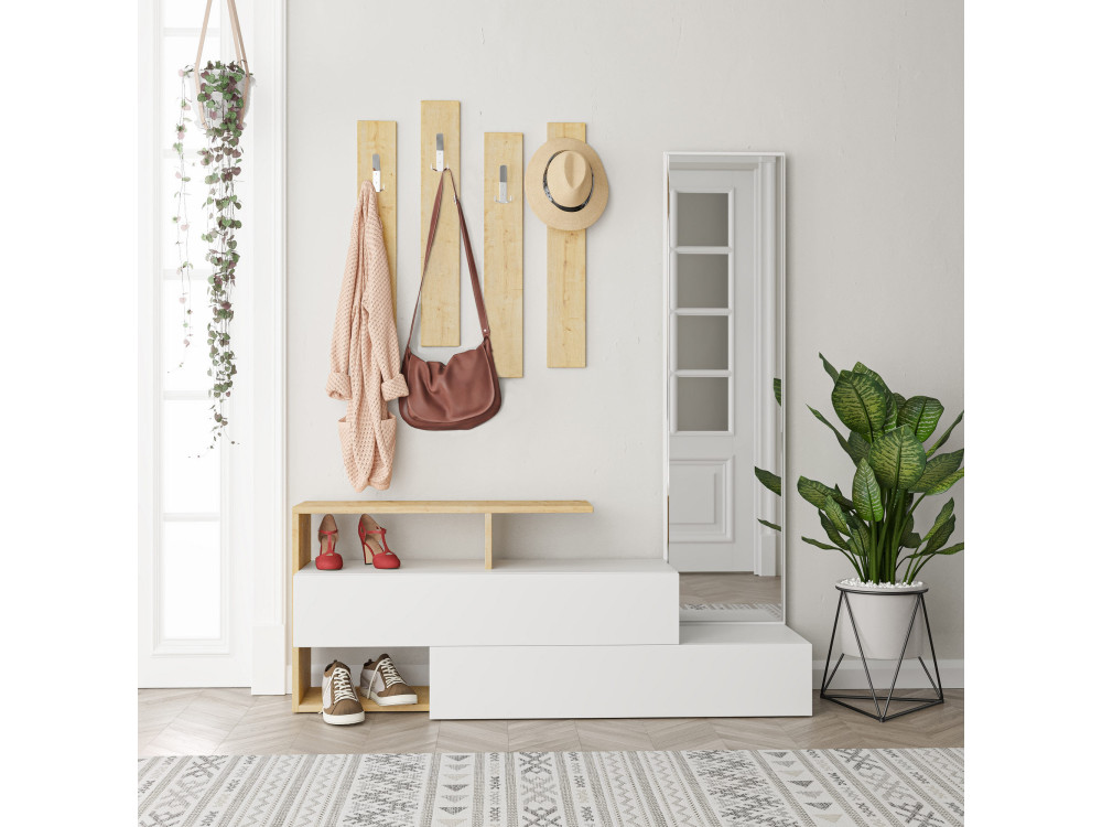Mobile da ingresso "Ramda" con specchio in legno - 137 x 35 x 154 cm - Beige
