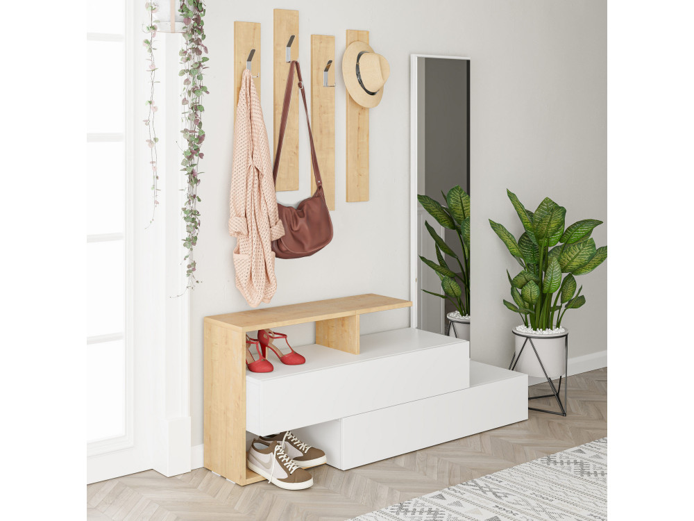 Mobile da ingresso "Ramda" con specchio in legno - 137 x 35 x 154 cm - Beige