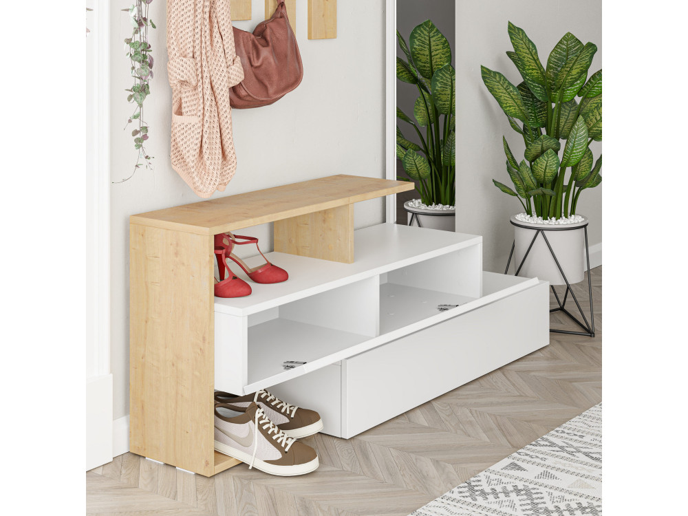 Mobile da ingresso "Ramda" con specchio in legno - 137 x 35 x 154 cm - Beige