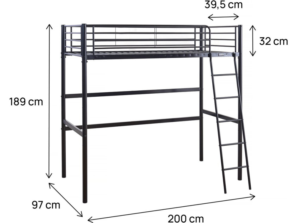 Letto a soppalco in metallo "Alora" - 90 x 190 cm - Nero