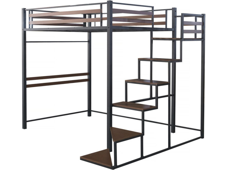 Letto a soppalco in metallo con scala "LENA" - 140 x 200 cm - Nero e marrone noce