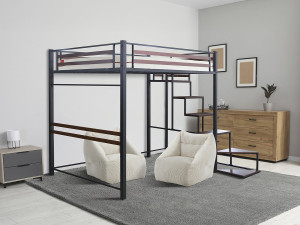 Letto a soppalco in metallo con scala "LENA" - 140 x 200 cm - Nero e marrone noce 2
