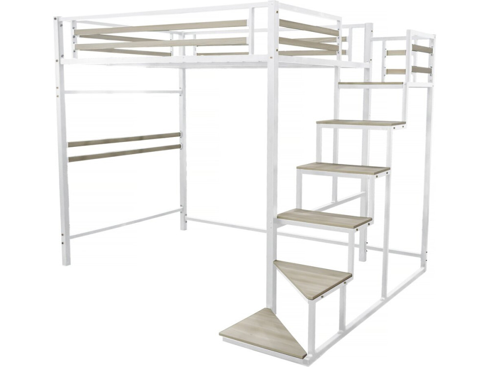 Letto a soppalco in metallo con scala "LENA" - 140 x 200 cm - Bianco