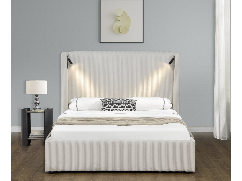 Letto matrimoniale in velluto a coste con cassettiera integrata e lampada "Cortina" - 160 x 200 cm - Beige