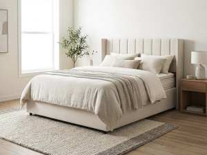 Letto matrimoniale "Saint-Moritz" in lino con contenitore - 140 x 190 cm - Beige 2