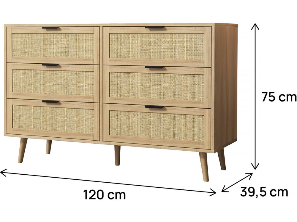 Cassettiera "Preston" in legno e giunco ??- 120 x 40 x 75 cm - Beige