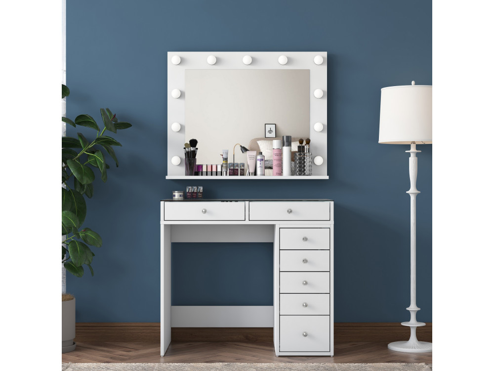 Tavolino da toilette "Kona" con specchio in legno - 90 x 44 x 80 cm - Bianco