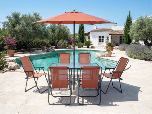 Tavolo e sedie da giardino in metallo "Convivia" con ombrellone - 6 posti - Terracotta 2