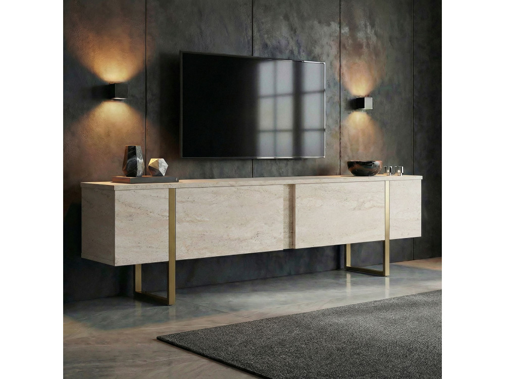 Porta TV in legno "Onera" - 180 x 30 x 50 cm - Travertino / Oro