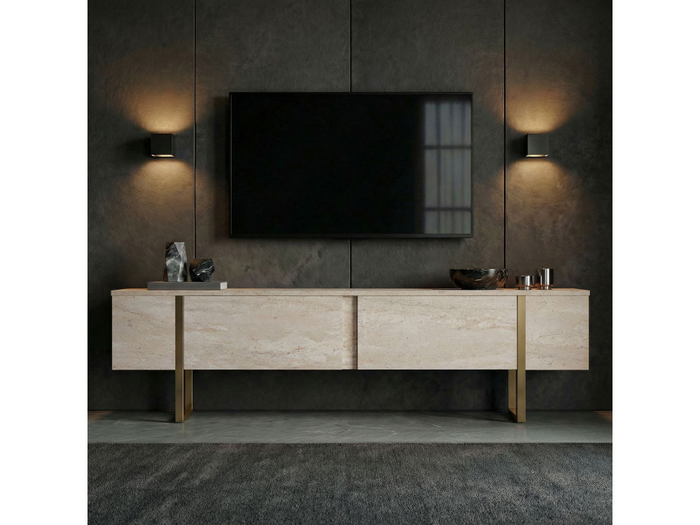 Porta TV in legno "Onera" - 180 x 30 x 50 cm - Travertino / Oro