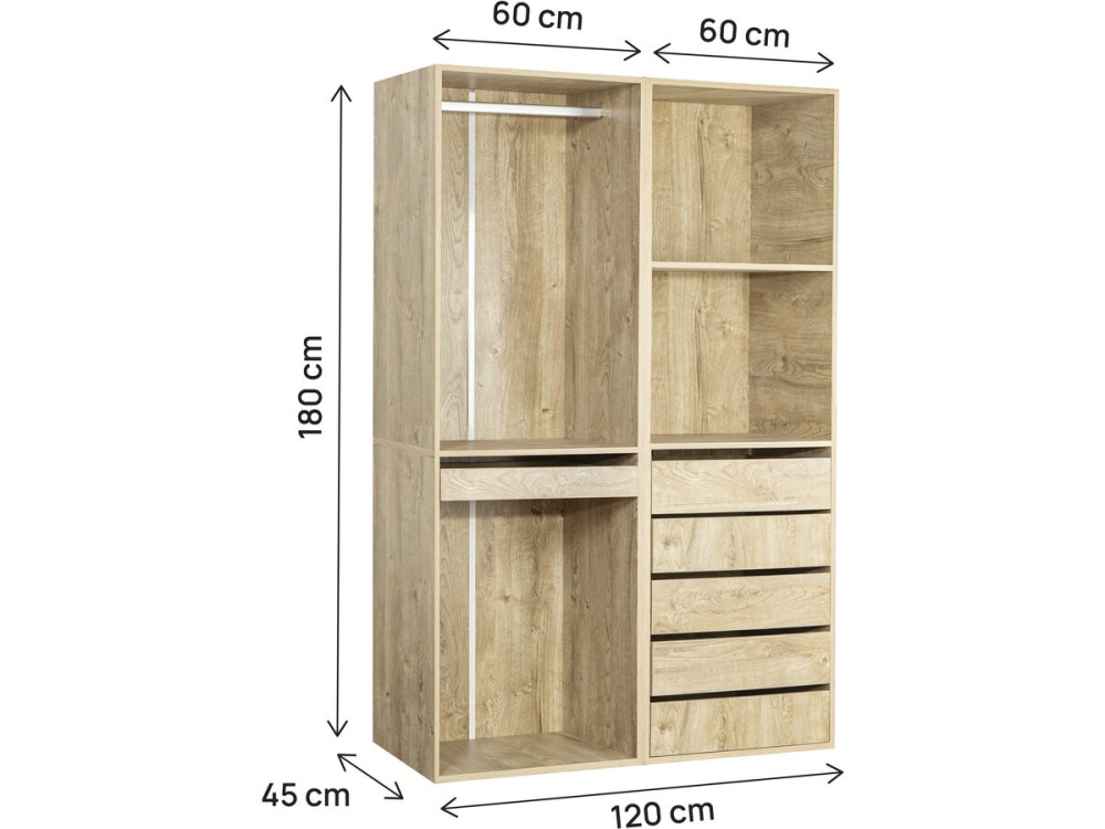 Kit dressing modulable avec penderie, porte-pantalons, 5 tiroirs et 2 étagères "Opéra" - 2 éléments - Beige