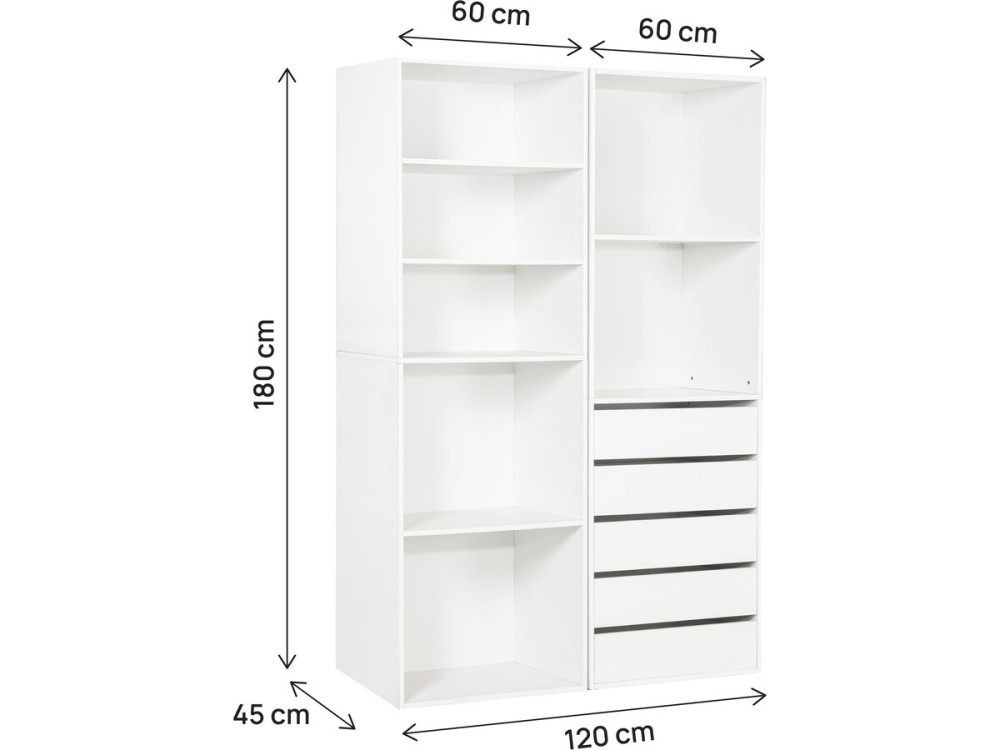 Kit dressing modulable avec 5 tiroirs et 7 étagères "Opéra" - 2 éléments - Blanc