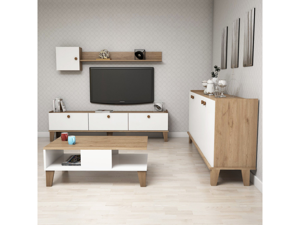 Set di mobili da salotto in legno "Sumer" - 180 x 41 x 77 cm - Bianco