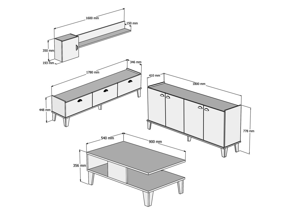 Set di mobili da salotto in legno "Sumer" - 180 x 41 x 77 cm - Bianco